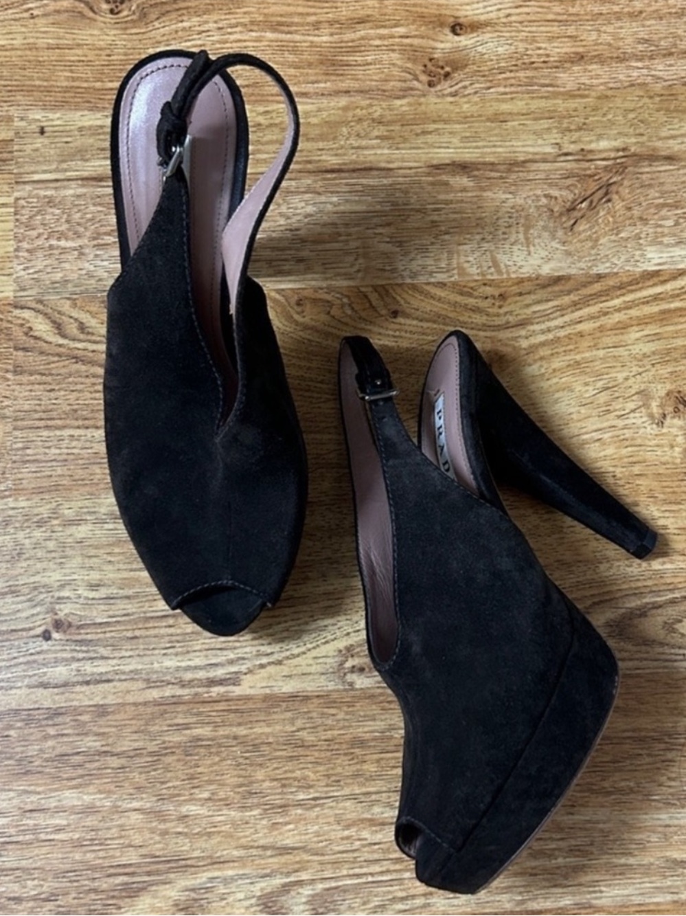 Prada Dark Brown Suede Peep-Toe Slingback Heels